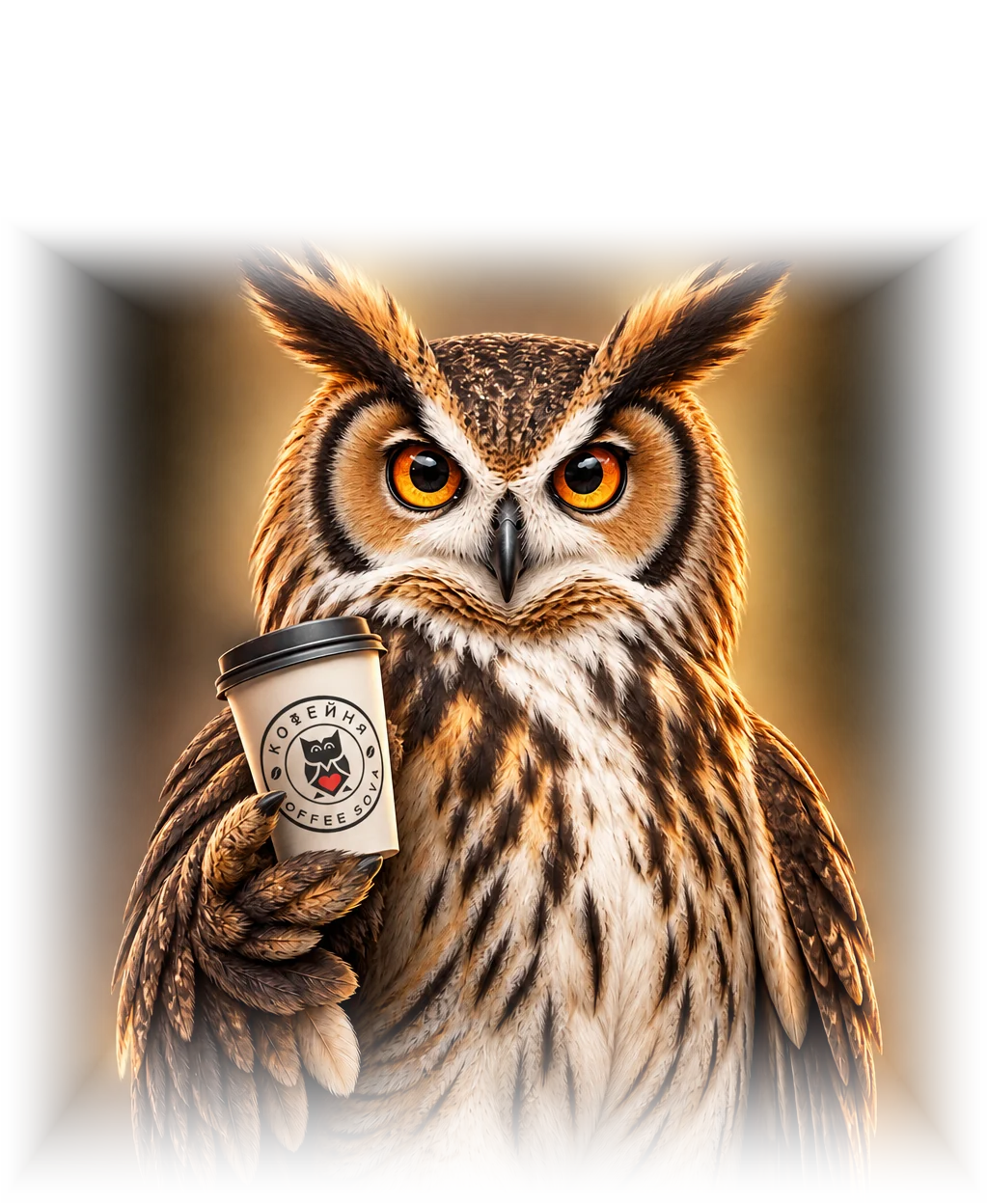 Фирменная сова Coffee Sova со стаканом кофе